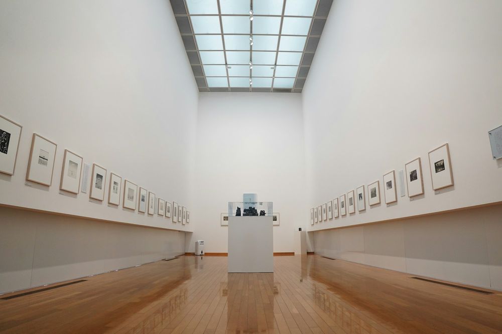 A long, high gallery under a skylight, with small framed works along both walls and a display case at the far end