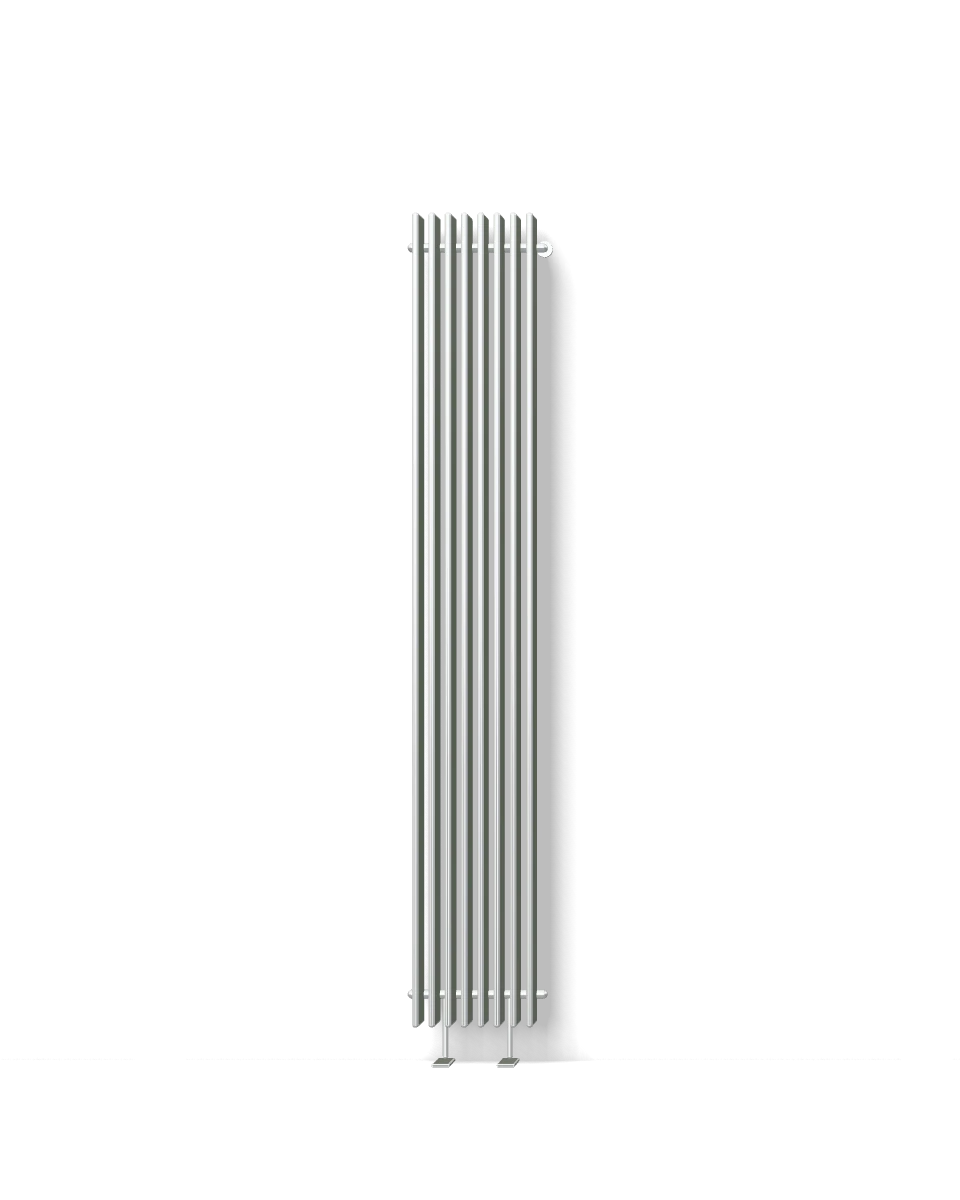Render: narrow natural aluminium column on a moss green wall