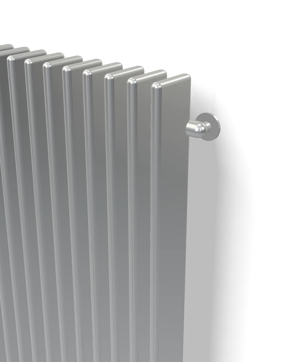 Close render of a panel's top corner: rounded aluminium fins, the header behind them, and the single fitting where the pipe leaves the wall