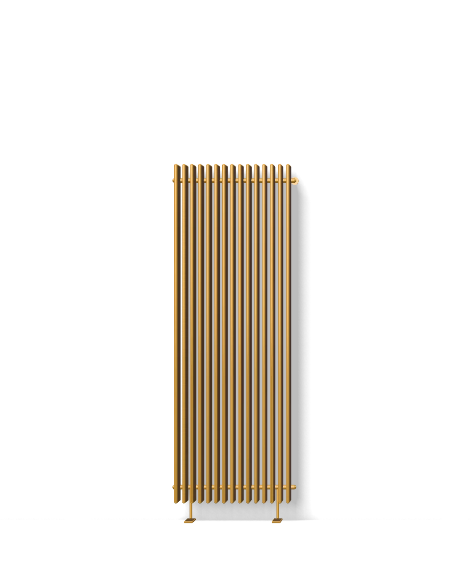 Render: tall brass-anodised panel on a lapis blue wall