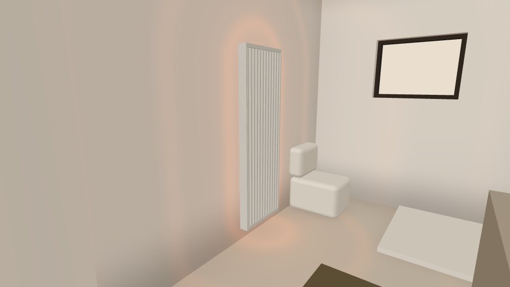 The bathroom from the door: a white panel on the wall opposite the vanity, the shower in the far corner.