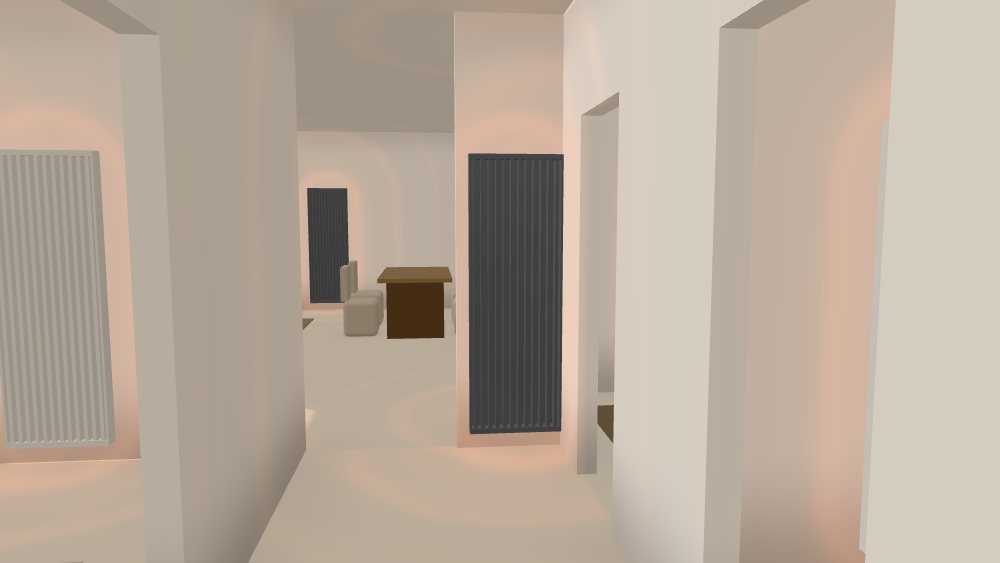 The hallway seen from the front door: a graphite panel hangs on the short wall at the far end, the living room opens to the left.