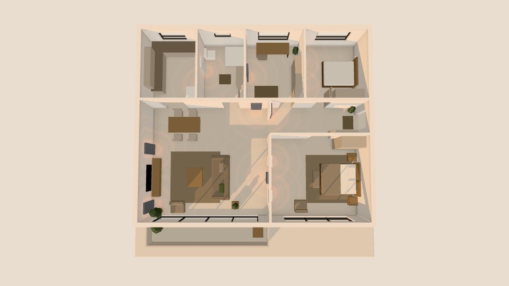 The whole flat from above with the ceiling lifted off, each panel marked by a soft glow on the floor in front of it.
