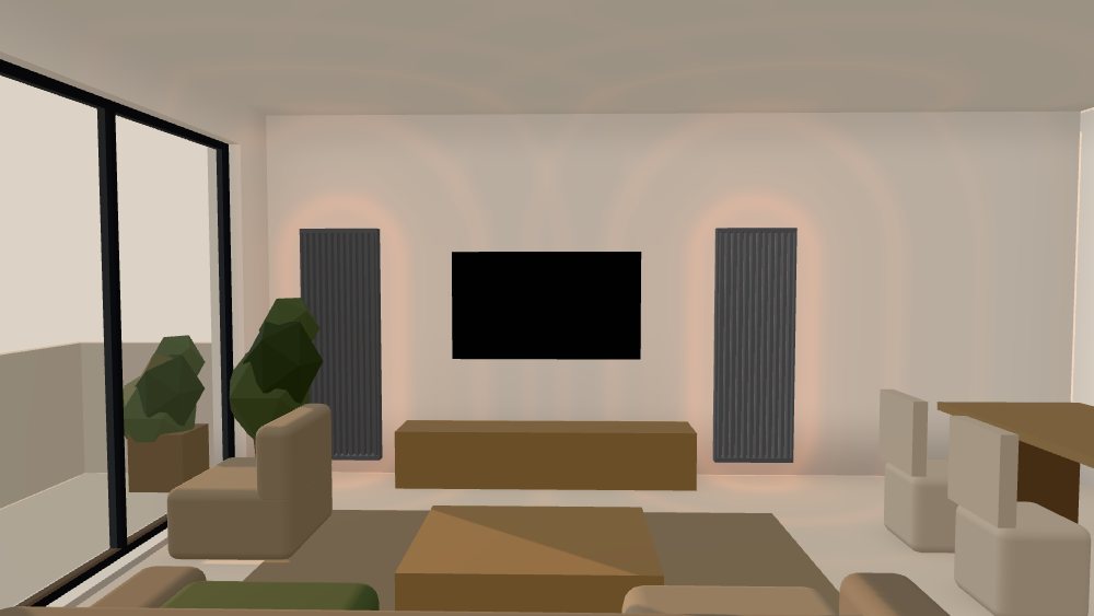 The living room from behind the sofa: two panels flank the TV on the far wall.