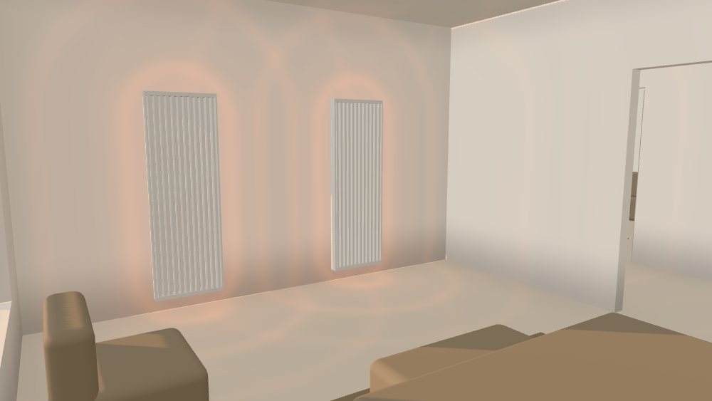 The bedroom: two white panels on the wall opposite the bed, the window to the left.
