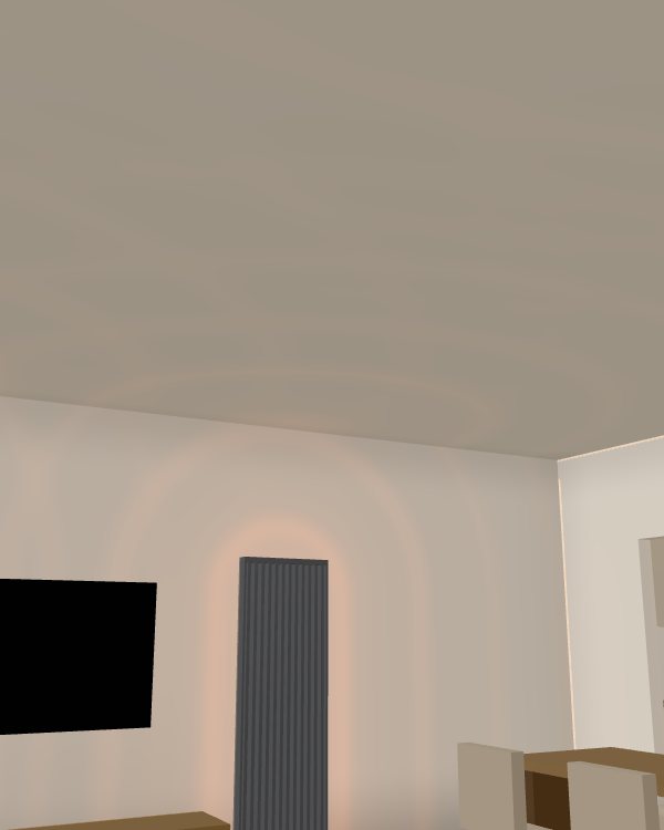 The living-room ceiling above the TV wall, plain from wall to wall.