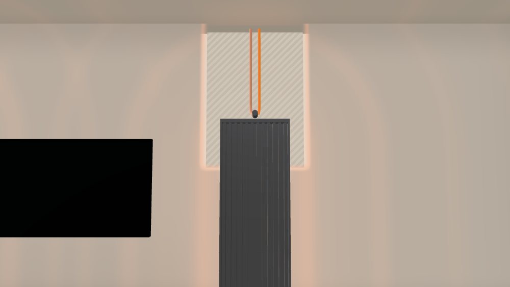 The TV wall drawn see-through above one panel: two pipes run down inside the wall from the ceiling and meet the top of the panel at one fitting.