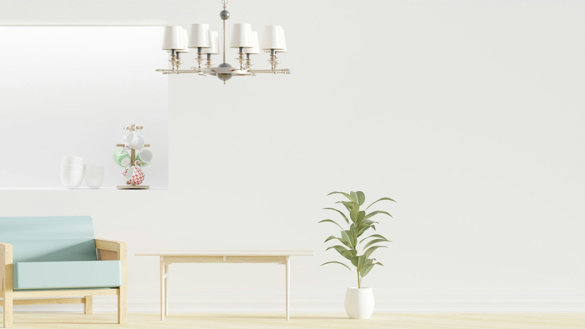 Illustrative render of a white wall with a mint armchair, a low wooden table and a plant