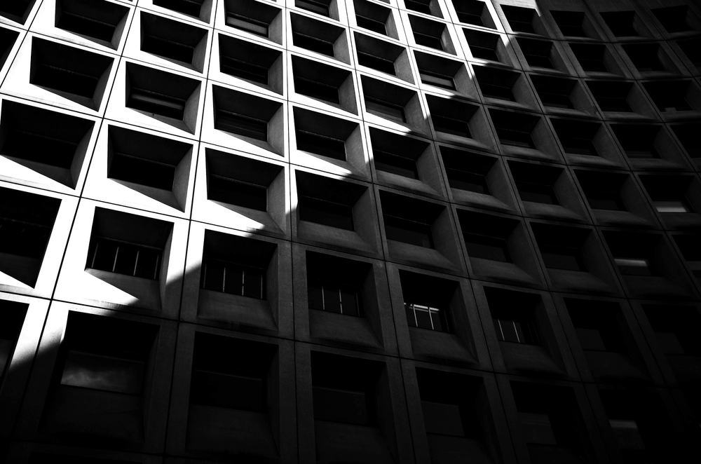 Grid of deep concrete window openings, half in shadow.