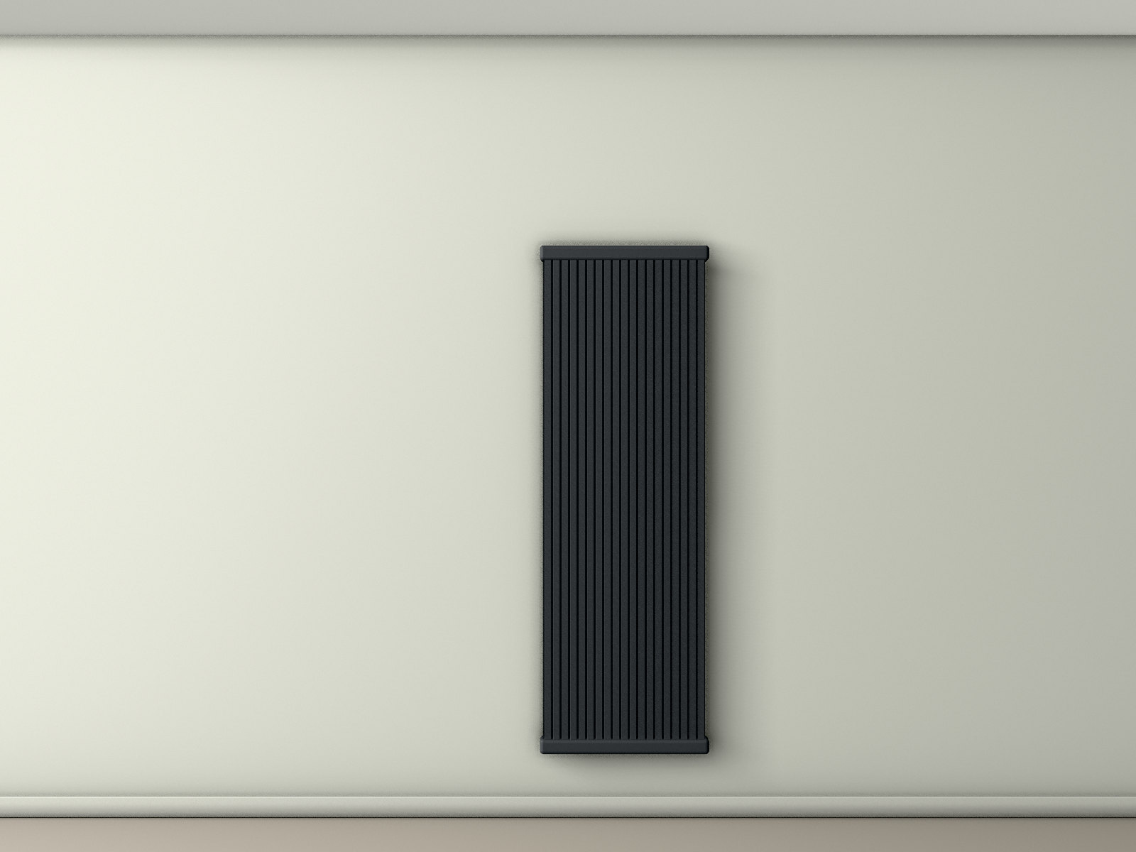 The same clay wall, clean, with one graphite GLN panel with vertical fins standing on it.