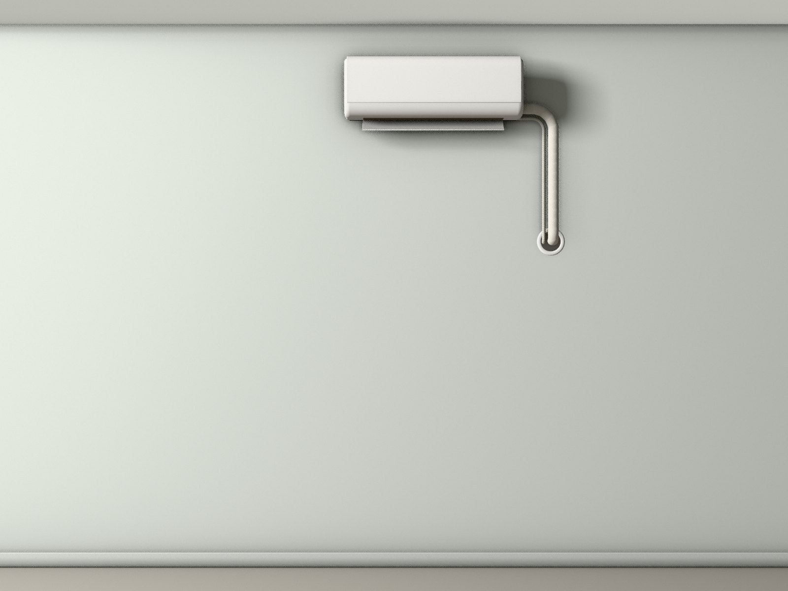 Clay model of a wall with a white split-unit indoor box high up, a taped pipe bundle and a drain hose running down to a hole.